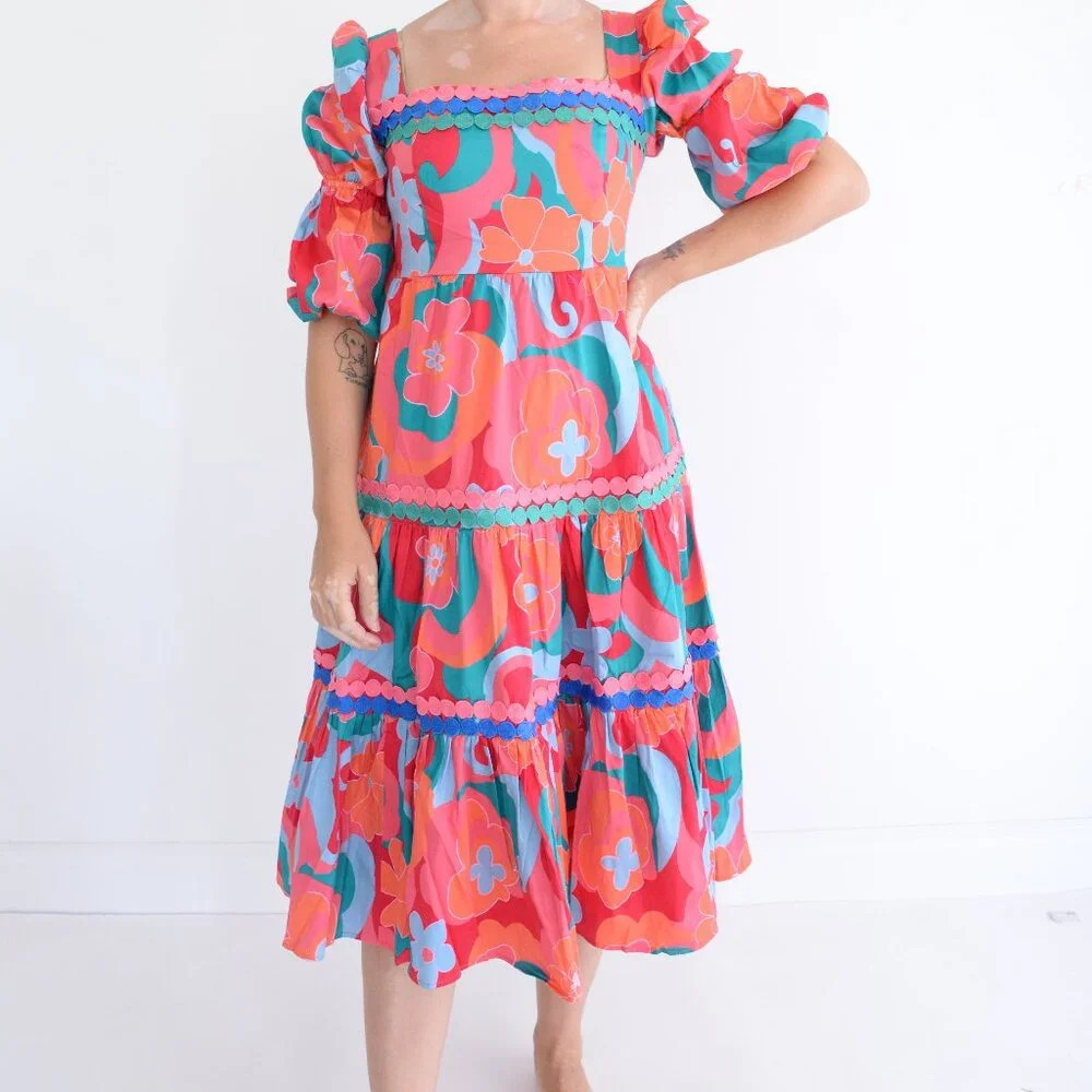 Alden Adair Mia Trippy Boho Red Floral Short Sleeve Midi Dress  S NWT